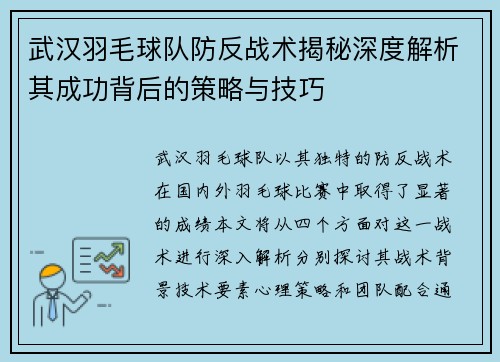 武汉羽毛球队防反战术揭秘深度解析其成功背后的策略与技巧